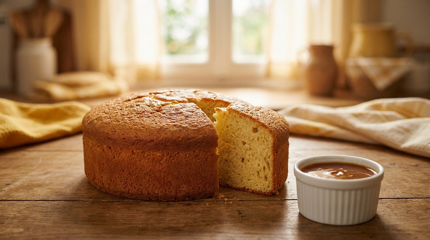 Un gâteau rond tranché sur une table en bois avec un ramequin de caramel à côté, dans une cuisine lumineuse.