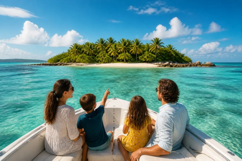 Famille en bateau vers une ile tropicale