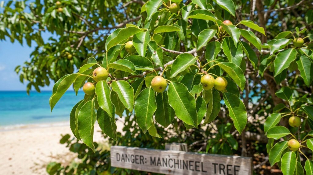 Branches de mancenillier avec des fruits verts sur une plage tropicale, avec un panneau d'avertissement en arrière-plan.