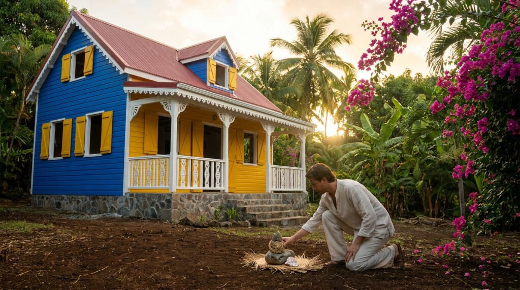 Un homme effectue un rituel protecteur en posant des pierres devant une maison créole traditionnelle colorée.