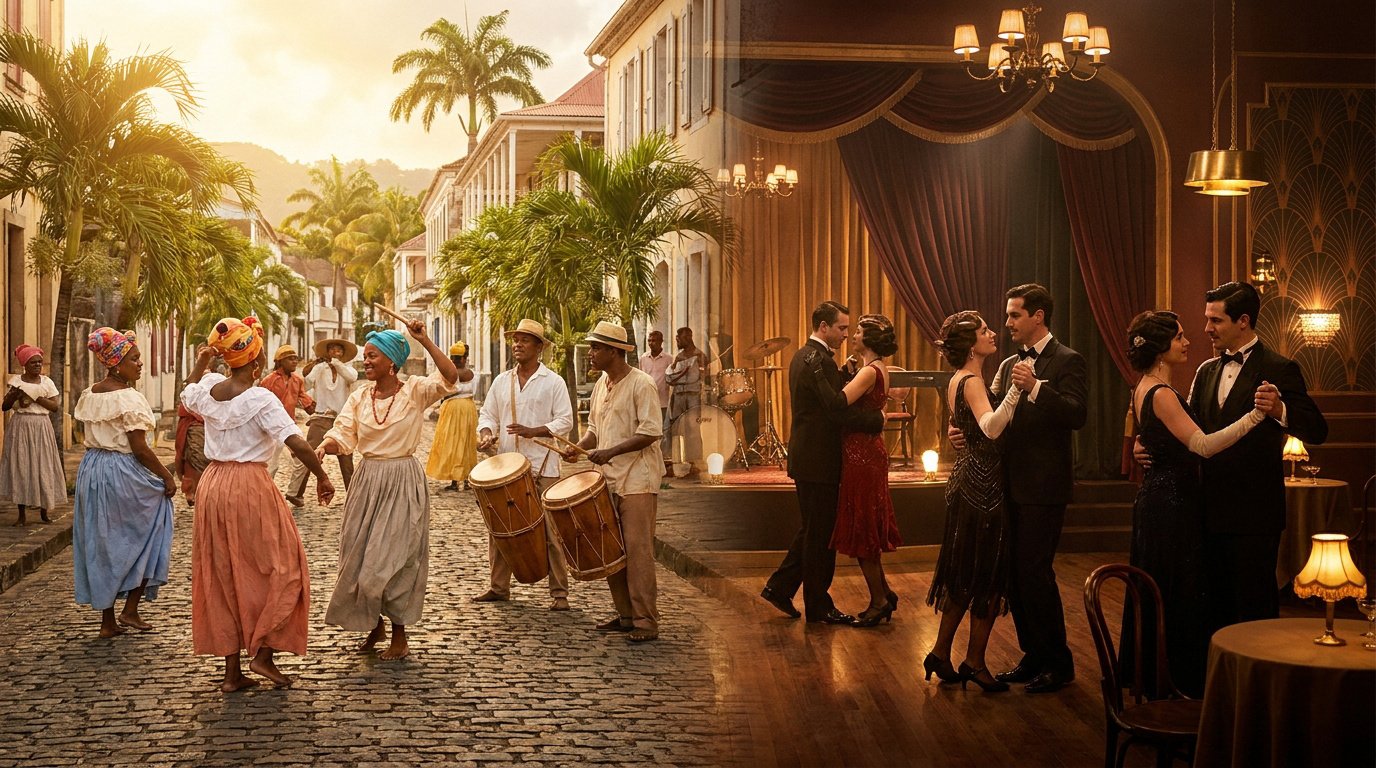 Comparaison entre une danse traditionnelle antillaise en extérieur et un bal mondain des années 1920 dans un club de jazz.