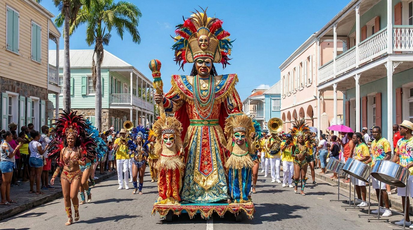 Le Roi Vaval, une immense effigie colorée, défilant dans une rue antillaise entouré de danseurs et musiciens en fête.