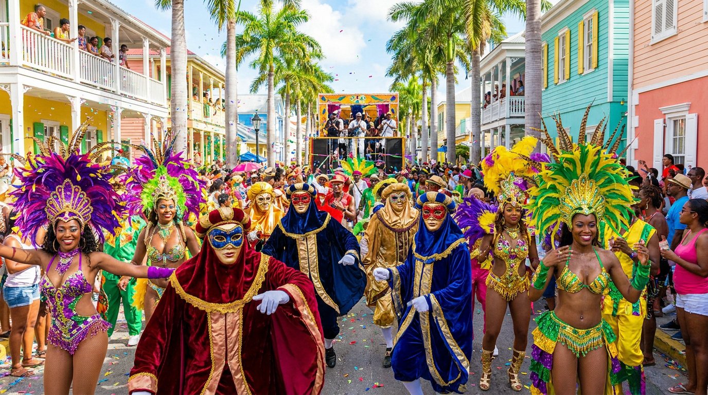 Défilé de carnaval animé avec des danseuses costumées et des personnages masqués dans une rue colorée des Antilles.