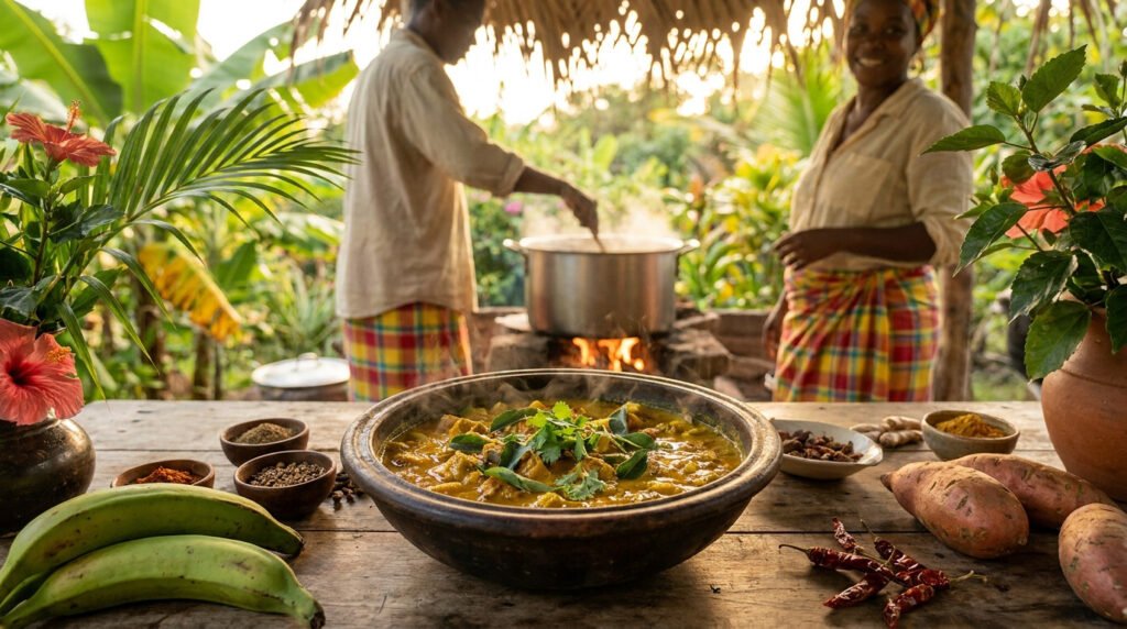 Un plat en sauce fumant sur une table en bois, avec un couple cuisinant en arrière-plan dans un cadre tropical.