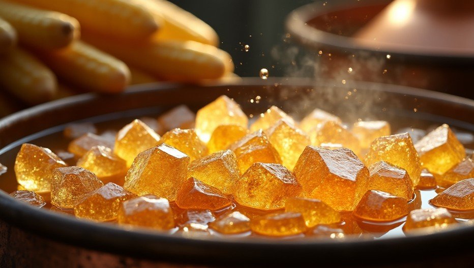 Gros plan sur des cristaux de sucre translucides en cours de formation dans un sirop ambré, révélant des structures géométriques fascinantes et des facettes scintillantes.