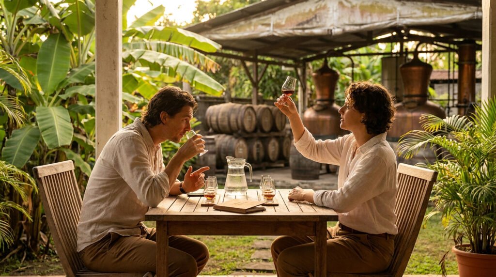Un couple déguste du rhum en Martinique devant une distillerie avec des fûts et des alambics en cuivre en arrière-plan.