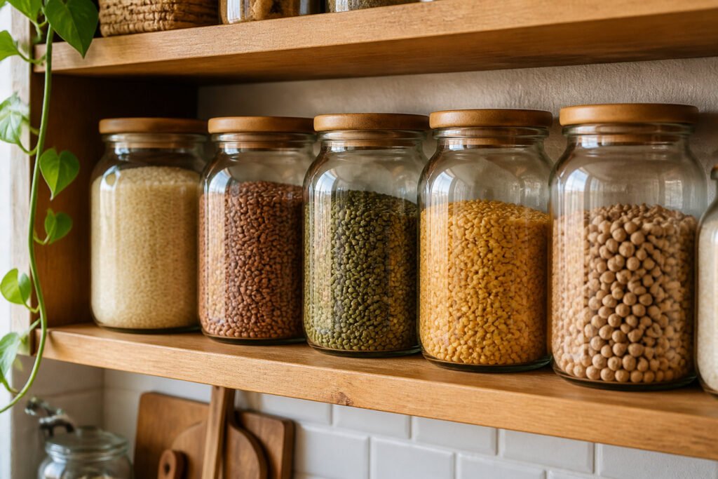 Alignement de bocaux en verre remplis de céréales et légumineuses sur une étagère en bois dans une cuisine.