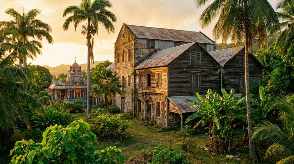 Vue au coucher du soleil sur les bâtiments historiques en bois et pierre de l'Habitation Gradis et son temple hindou.