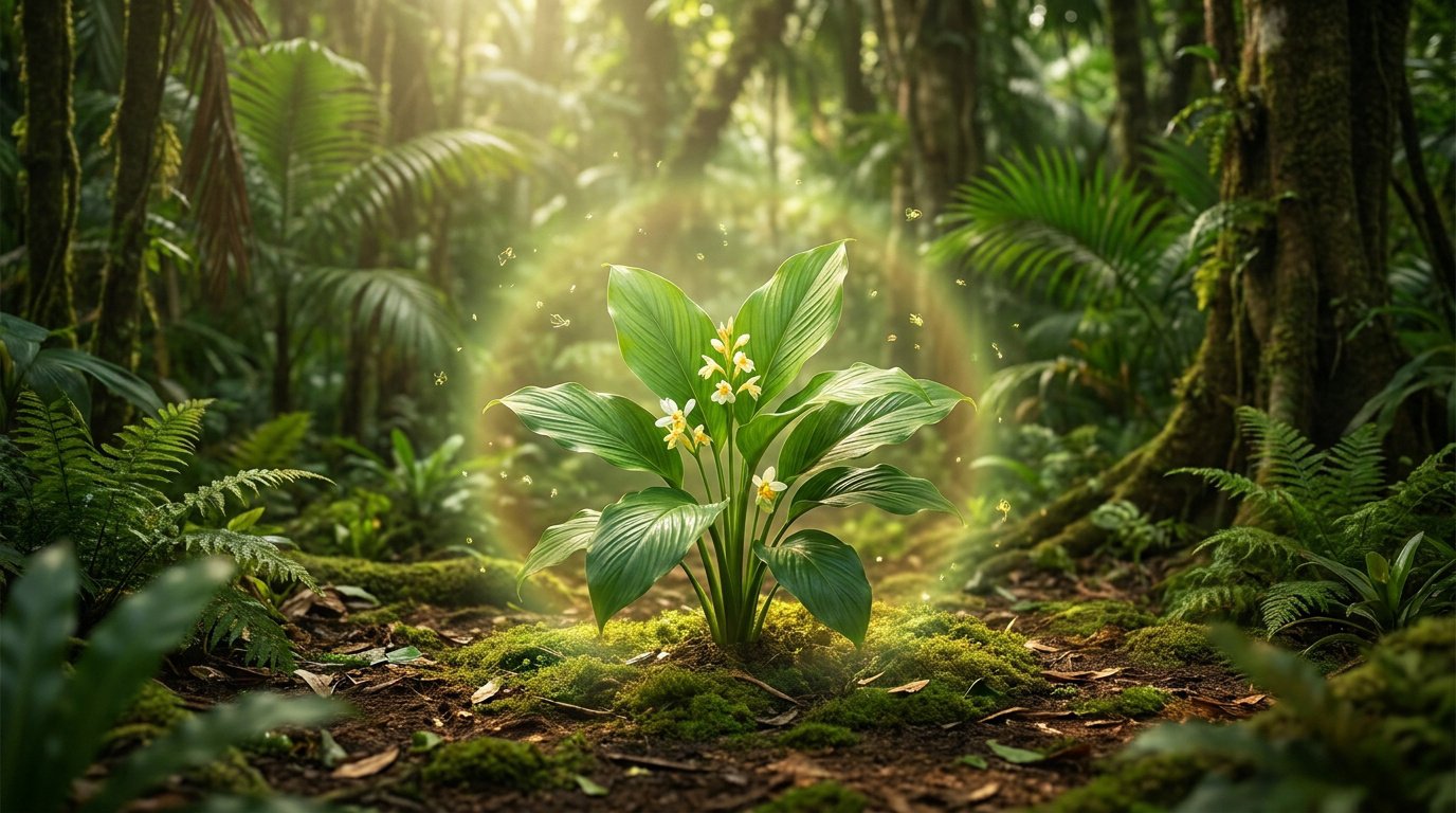 Une plante verte aux fleurs blanches baignée dans une lueur dorée mystique au cœur d'une forêt tropicale luxuriante.