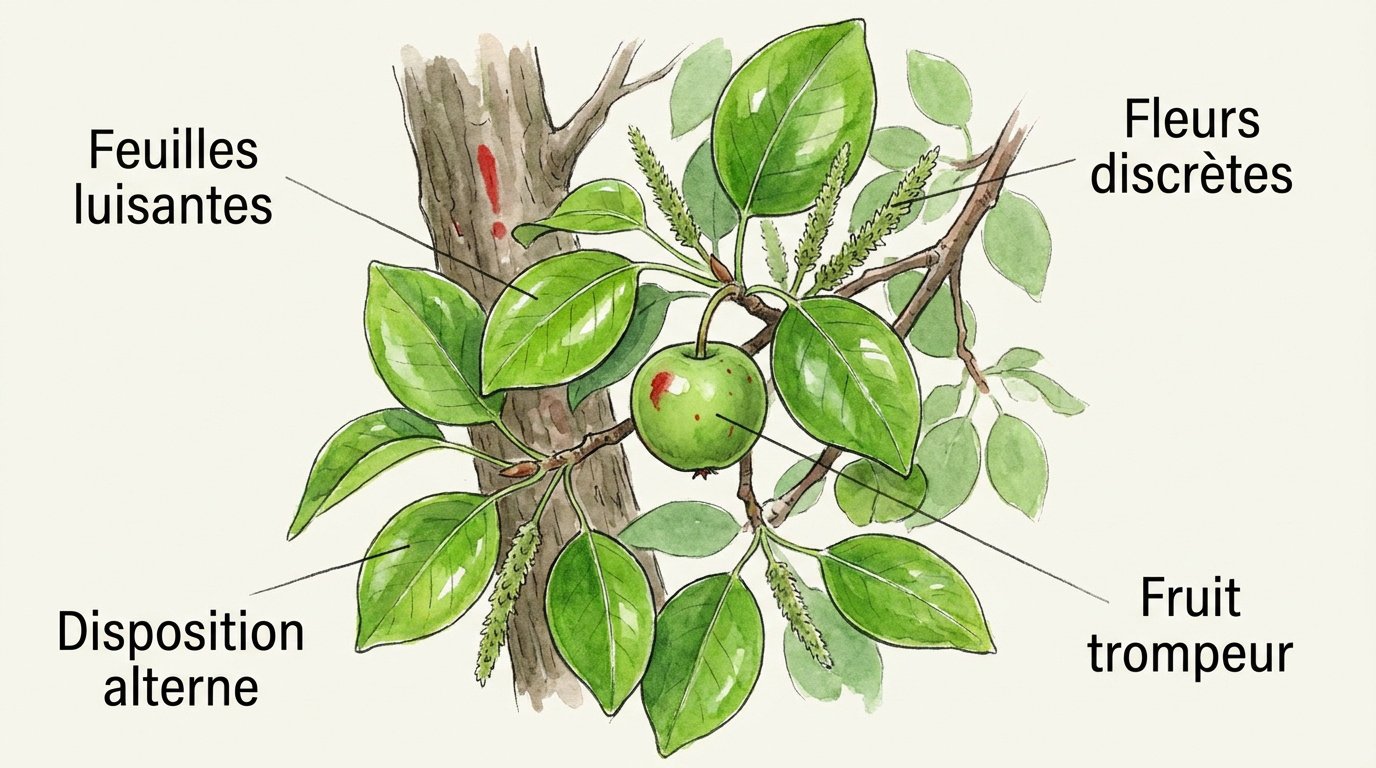 Illustration détaillée des feuilles luisantes et des petits fruits verts du mancenillier