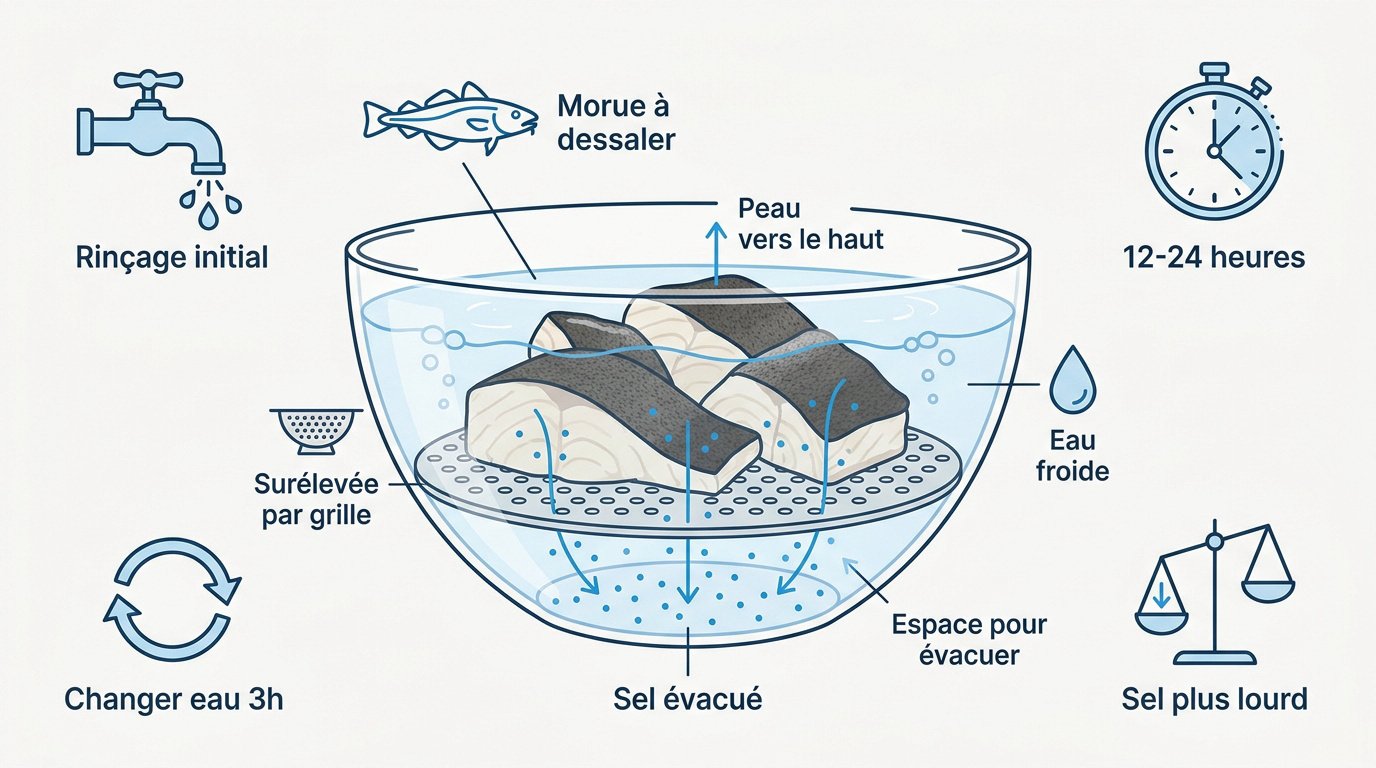 Infographie expliquant les étapes pour dessaler la morue rapidement et efficacement