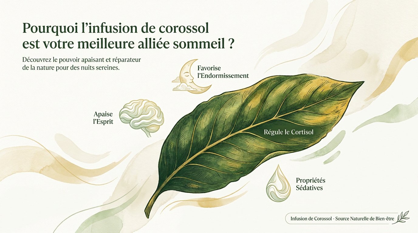 Tasse d'infusion de feuilles de corossol fumante pour favoriser le sommeil