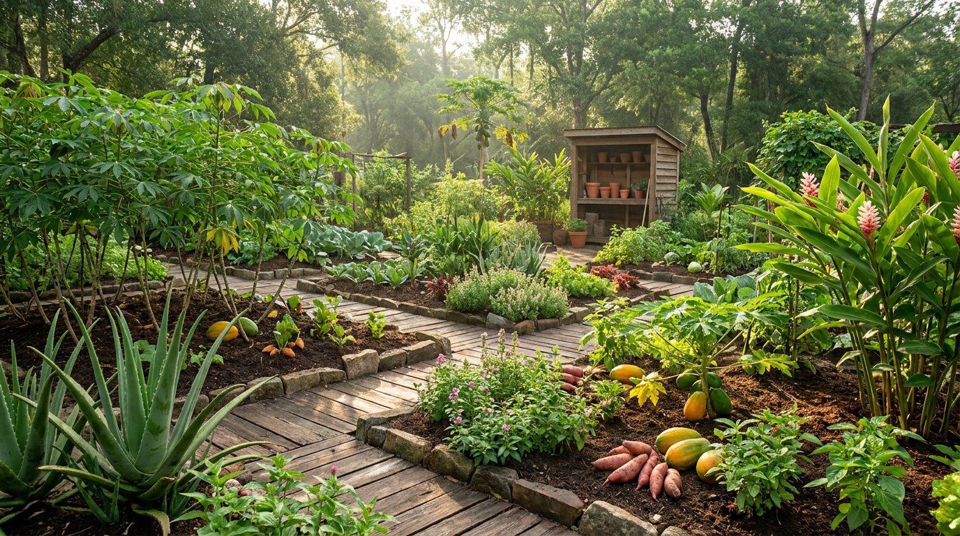 Jardin potager en permaculture avec des allées en bois, des papayes, de l'aloe vera et des légumes racines au soleil.