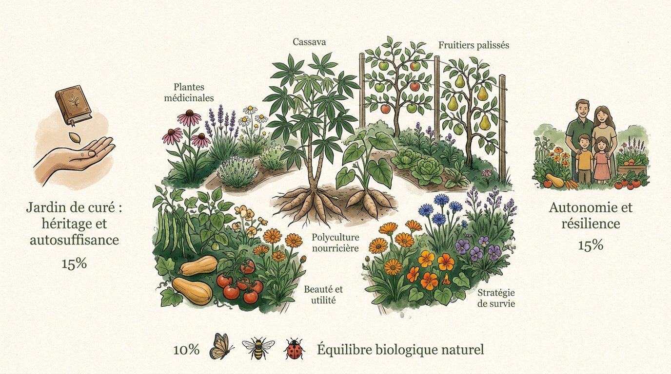 Jardin créole traditionnel foisonnant avec légumes racines et plantes médicinales