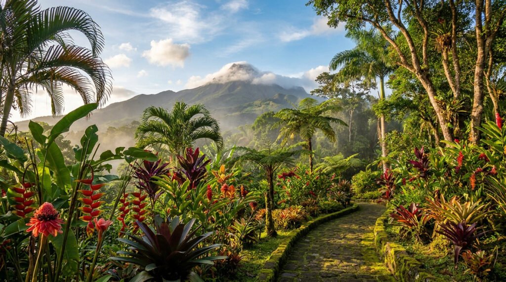 Un chemin pavé traverse un jardin tropical luxuriant avec la Montagne Pelée en arrière-plan sous un ciel nuageux.