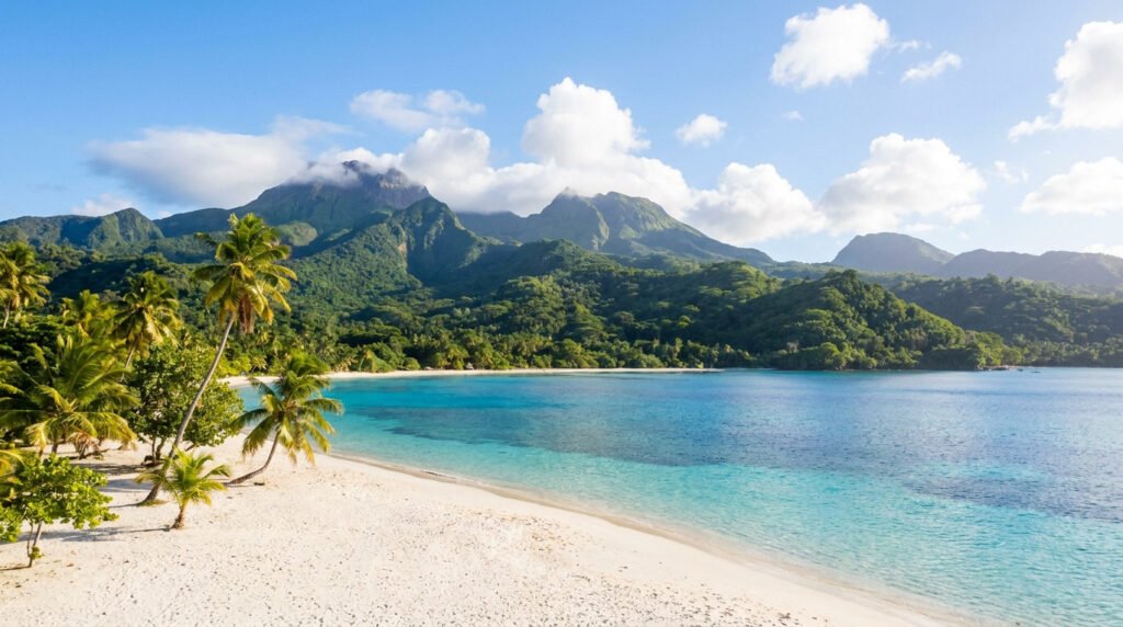 Plage de sable blanc bordée de palmiers avec une mer turquoise et des montagnes verdoyantes en arrière-plan.