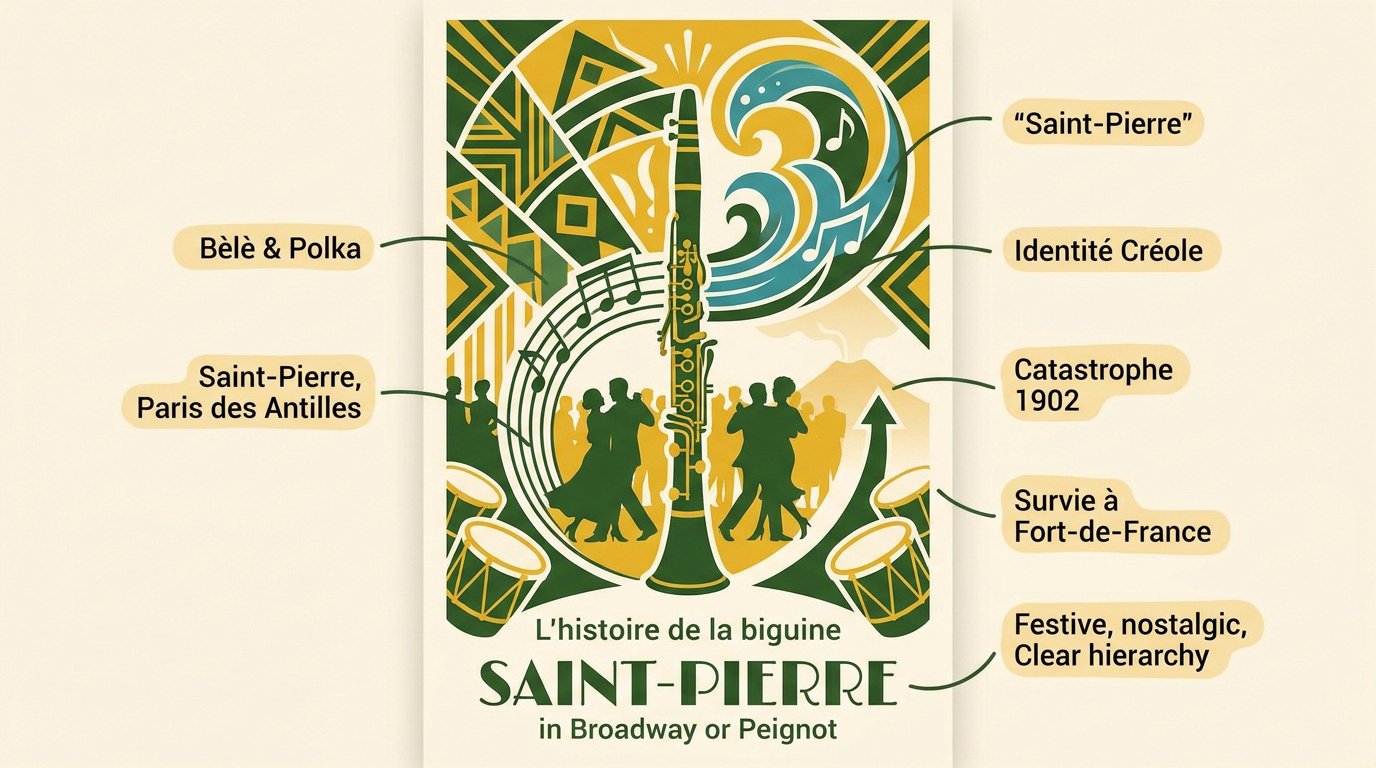 Scène historique de musiciens de biguine à Saint-Pierre en Martinique