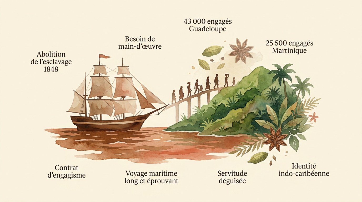 Travailleurs indiens arrivant dans une plantation de canne à sucre aux Antilles après 1848