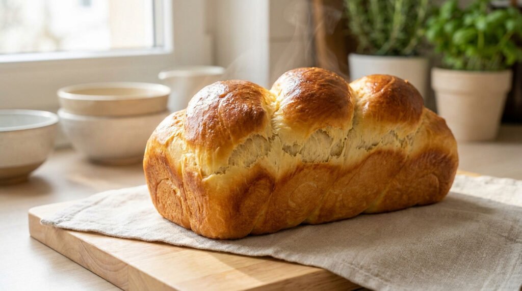 Pain au beurre antillais doré et fumant posé sur une planche en bois avec une serviette en lin.