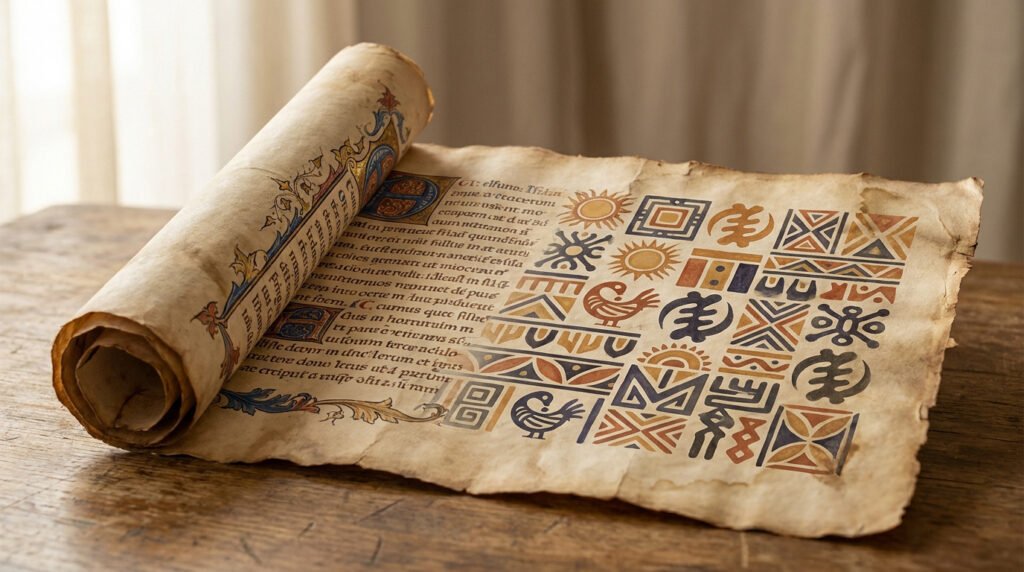 Un vieux parchemin déroulé sur une table en bois, mêlant écriture médiévale et symboles africains traditionnels.