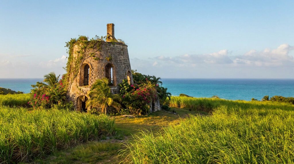 Ruines d'un ancien moulin à vent en pierre entouré de champs de canne à sucre face à la mer des Caraïbes.