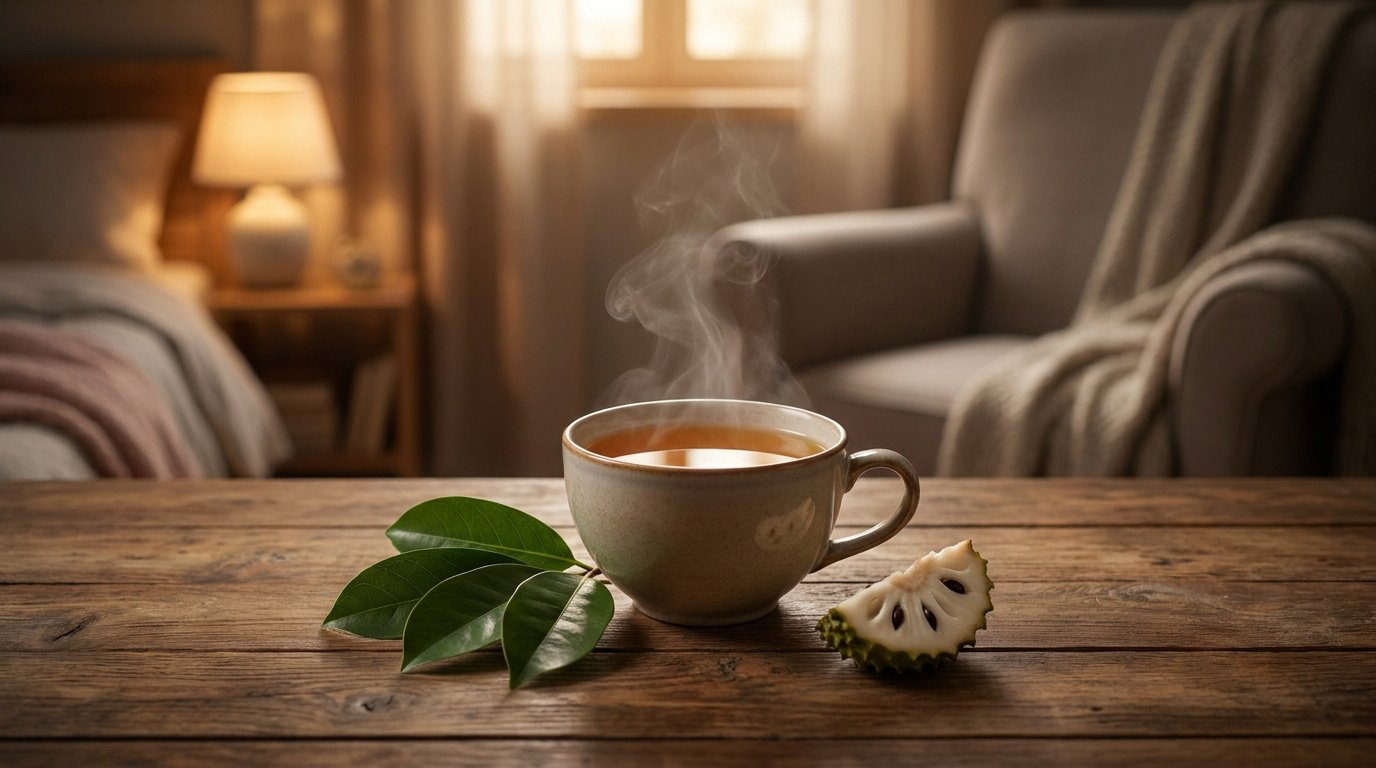 Tasse fumante d'infusion de corossol avec feuilles et fruit frais sur une table en bois dans une chambre cosy.