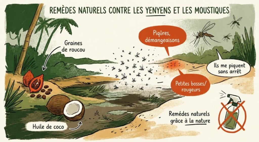 Illustration des remèdes naturels contre les yenyens et les moustiques montrant de l'huile de coco, des graines de roucou, des insectes en milieu tropical et des conseils pour prévenir les piqûres.