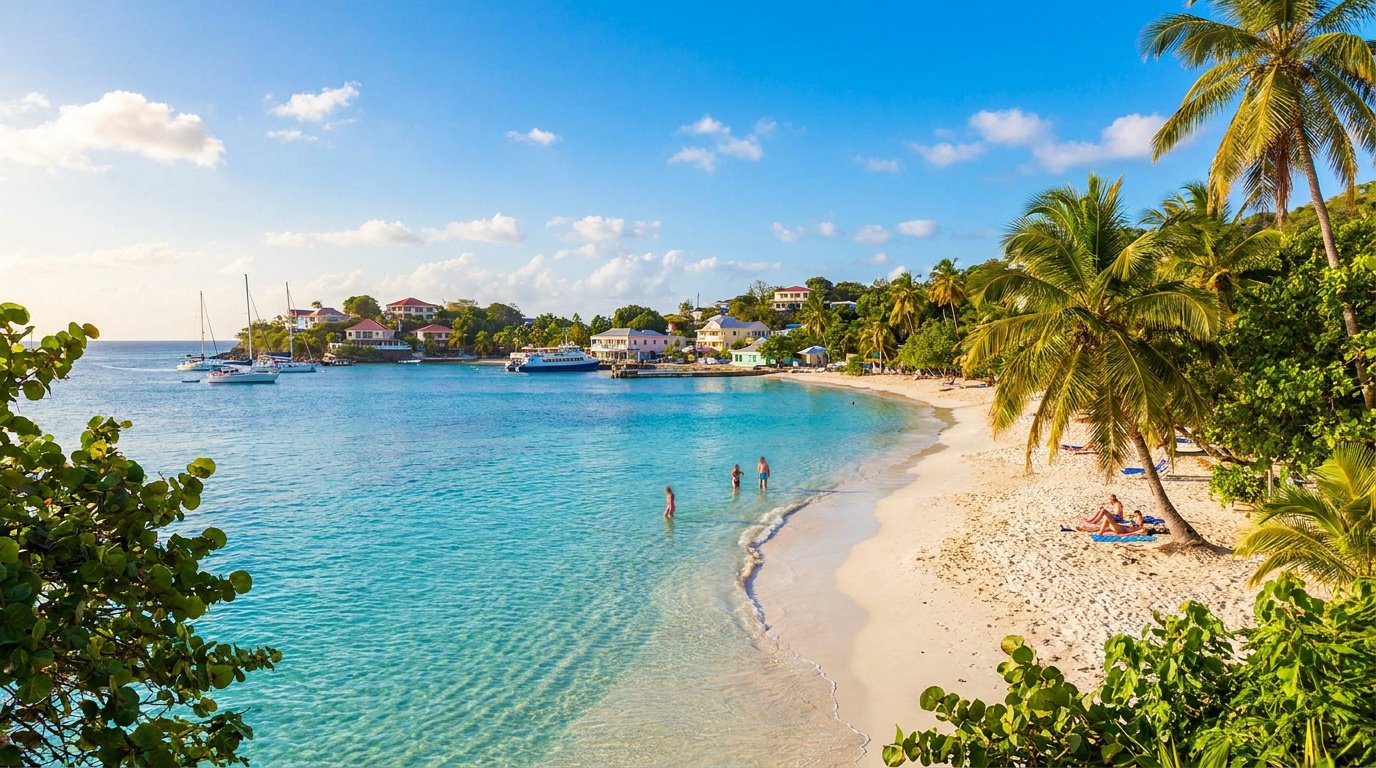 Plage de sable blanc et eaux turquoise à Bequia avec des voiliers dans la baie et des palmiers tropicaux.