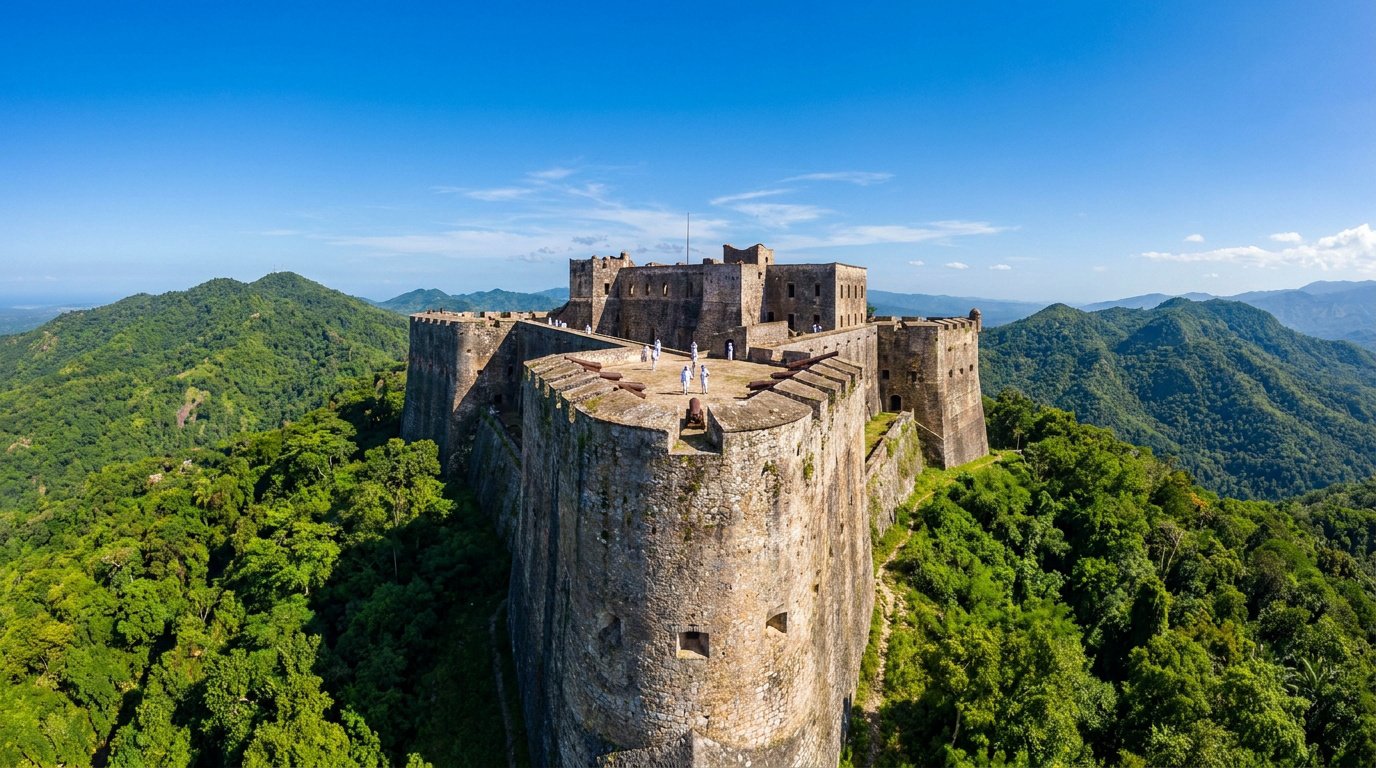 Vue panoramique aérienne de la Citadelle Laferrière perchée au sommet d'une montagne verdoyante en Haïti sous un ciel bleu.