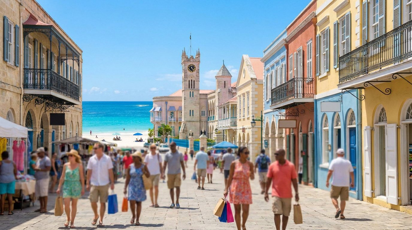 Une rue animée de Bridgetown bordée de bâtiments colorés et coloniaux, avec une plage de sable blanc en arrière-plan.