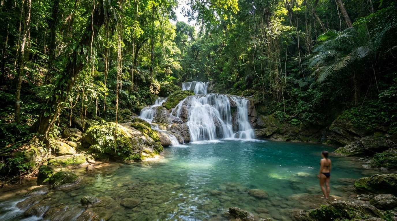 Une femme admirant une cascade en cascade dans une forêt tropicale luxuriante en Jamaïque.