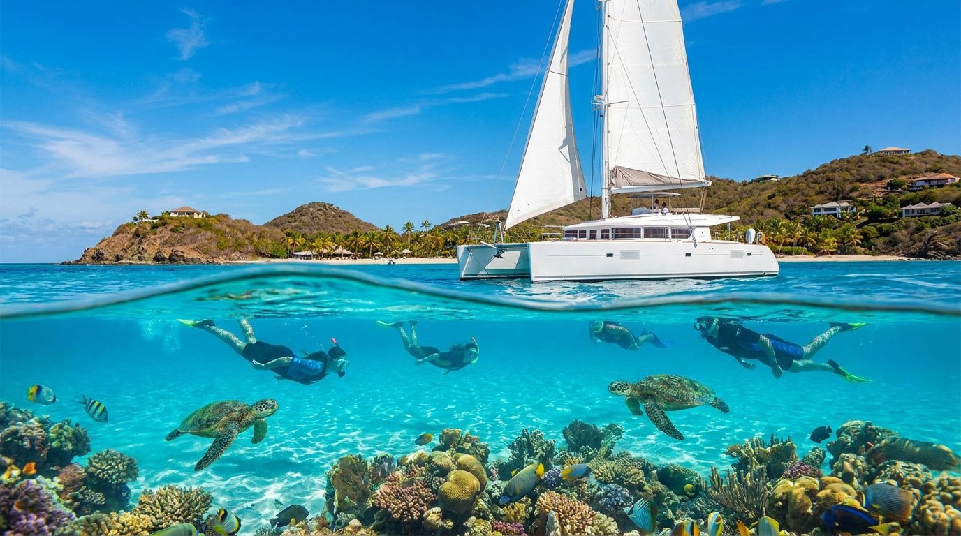 Vue scindée sous et au-dessus de l'eau avec des plongeurs nageant parmi les tortues de mer et un catamaran en arrière-plan.