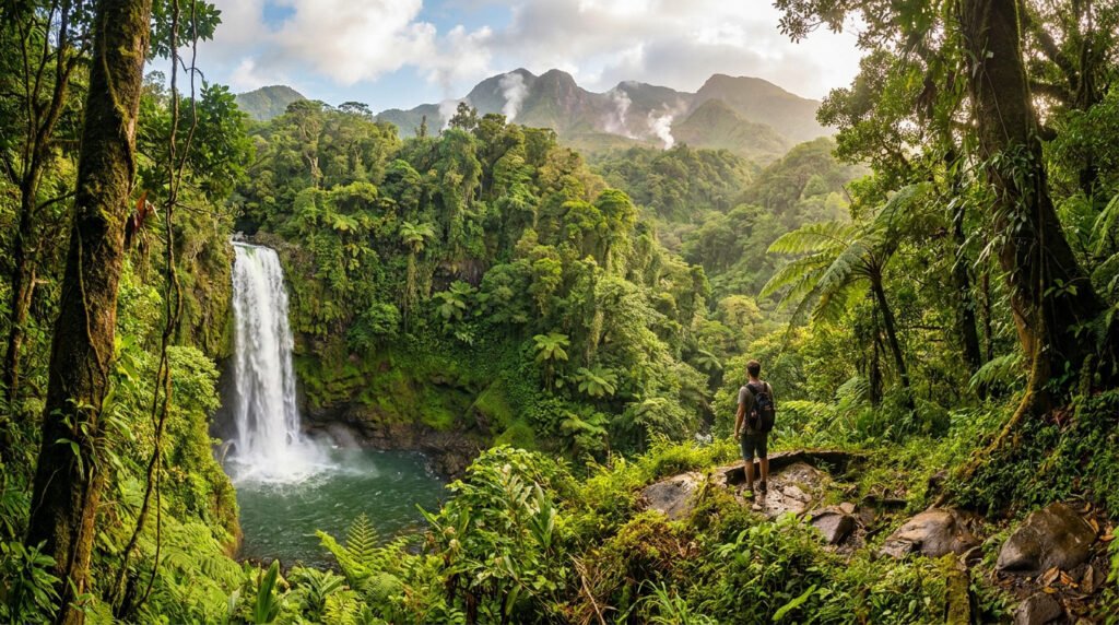 Randonneur admirant une cascade spectaculaire au cœur de la forêt tropicale du parc national de Morne Trois Pitons.