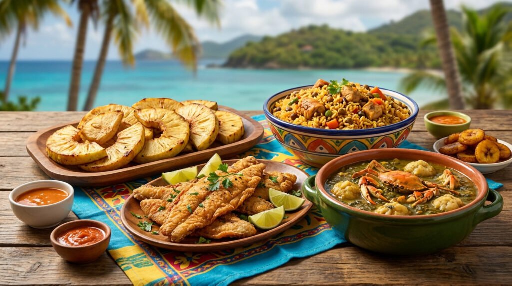 Table en bois dressée avec des plats caribéens, incluant du poisson frit, du riz, de la soupe au crabe et de l'ananas grillé.
