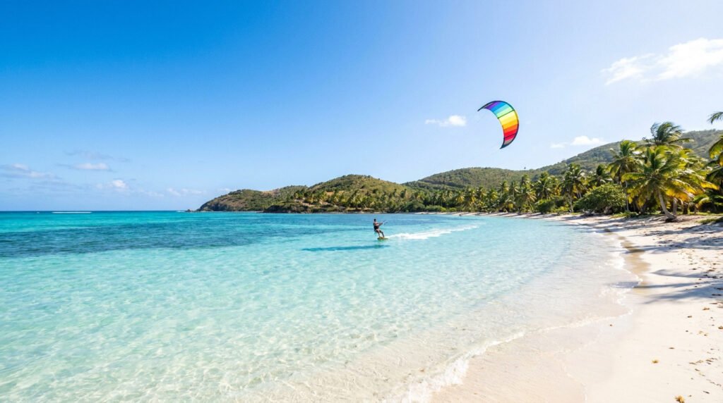 Un kitesurfeur avec une voile arc-en-ciel sur une plage de sable blanc et une mer turquoise à Union Island.