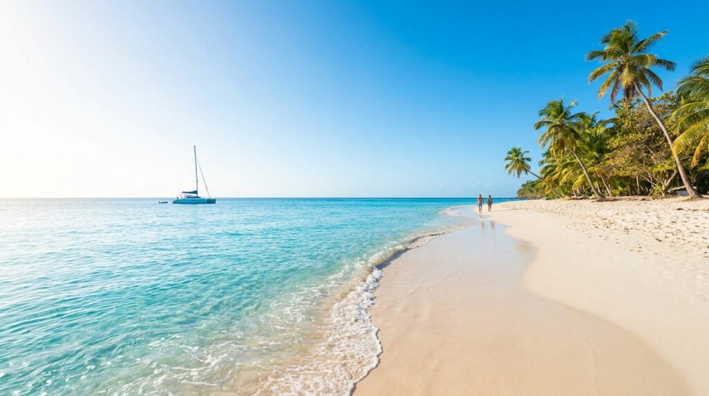 Couple marchant sur une plage de sable blanc bordée de palmiers avec un voilier au large dans les Caraïbes.