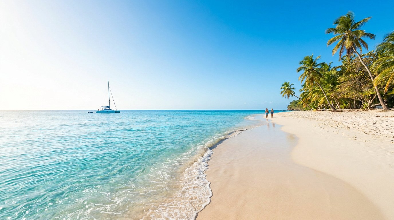 Couple marchant sur une plage de sable blanc bordée de palmiers avec un voilier au large dans les Caraïbes.