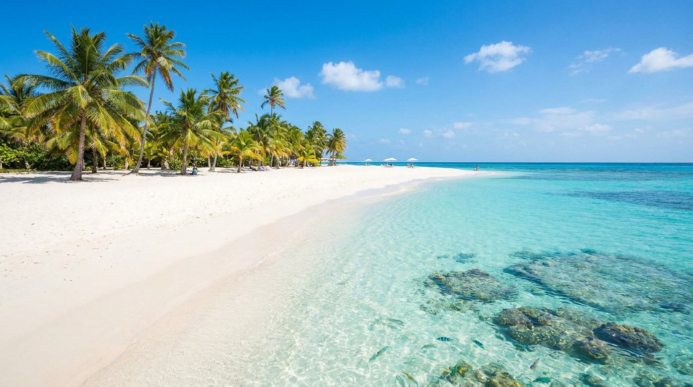 Plage de sable blanc bordée de palmiers avec une mer turquoise cristalline sous un ciel bleu dégagé.