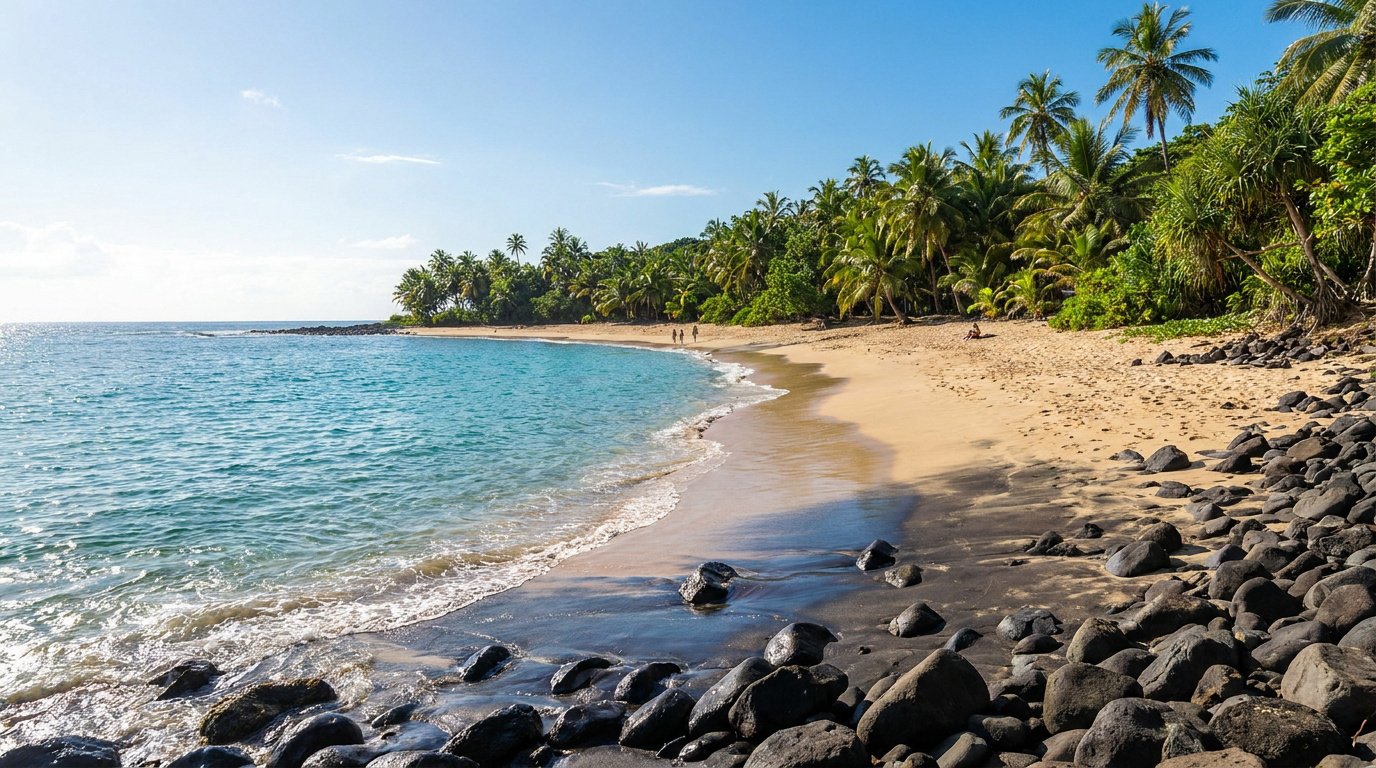 Une plage de sable fin bordée de palmiers et de rochers volcaniques noirs sous un ciel bleu à Saint-Vincent.