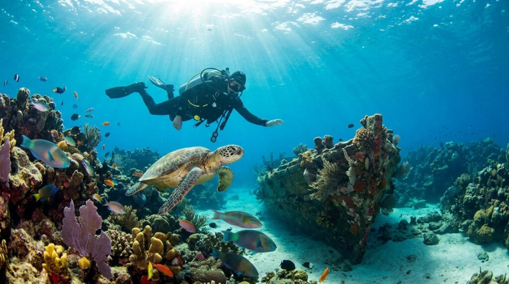 Un plongeur explore une épave entourée de coraux colorés, de poissons tropicaux et d'une tortue marine à Saint-Barth.