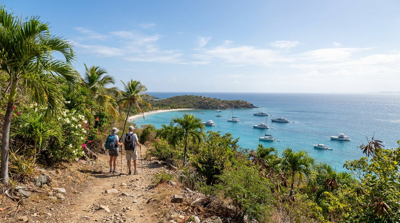 Couple en randonnée sur un sentier surplombant une baie turquoise à Saint-Barthélemy avec des bateaux au loin.