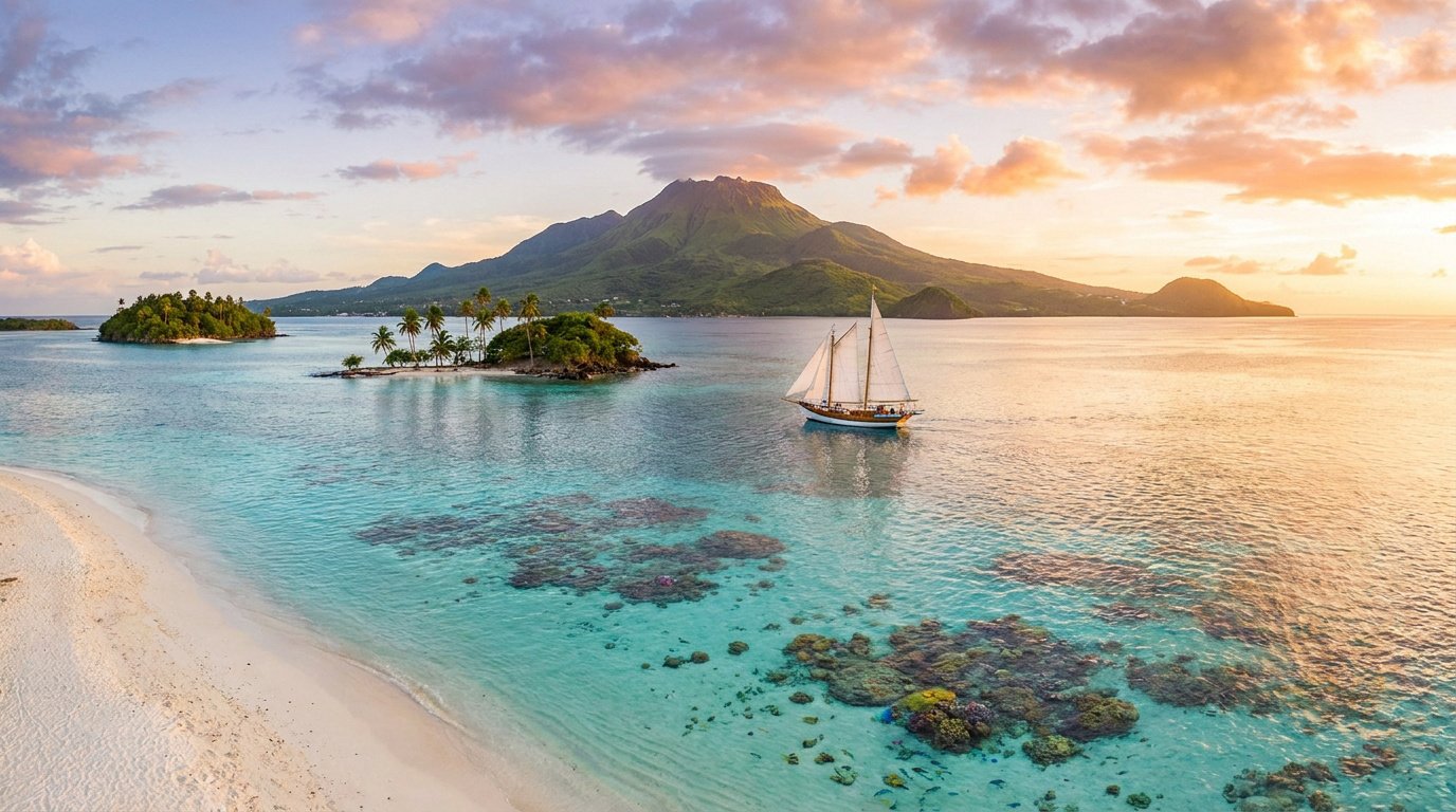 Voilier naviguant dans des eaux turquoise près d'îles tropicales au coucher du soleil.
