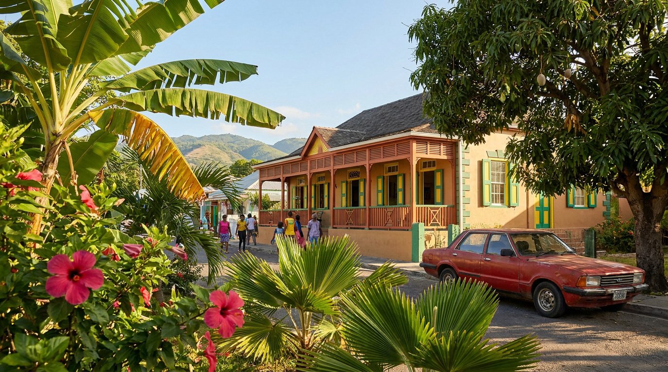 Maison coloniale colorée en Jamaïque entourée de fleurs tropicales et d'une vieille voiture rouge stationnée.