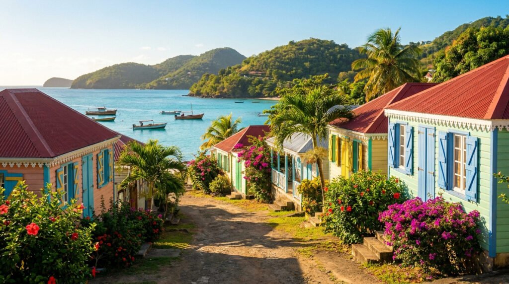 Maisons créoles colorées avec jardins fleuris donnant sur une baie ensoleillée avec des bateaux en Martinique.