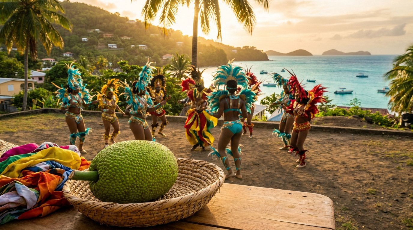 Danseurs en costumes de carnaval colorés sur une plage de Saint-Vincent au coucher du soleil avec un fruit à pain.