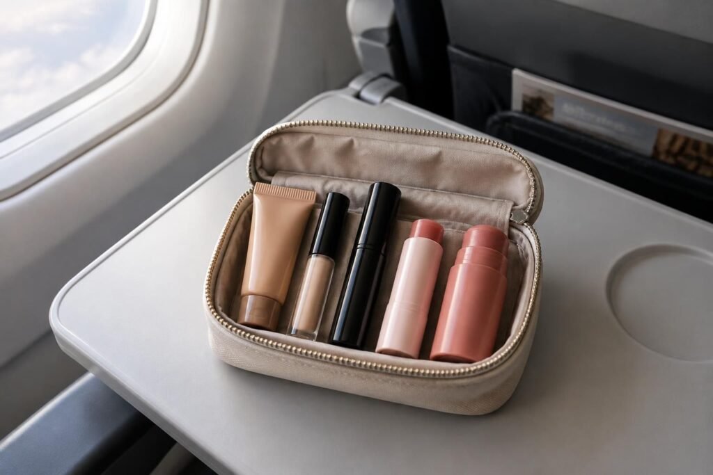 Découvrez 5 produits de maquillage essentiels à emporter en avion pour une routine beauté pratique et légère pendant votre voyage.