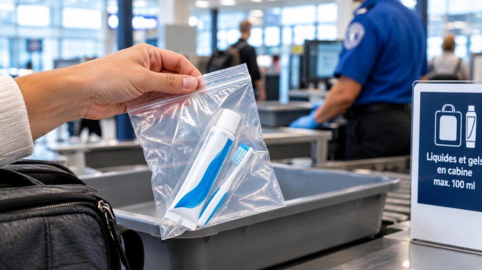 Vue d'un dentifrice dans un e pochette plastique à l'aéroport