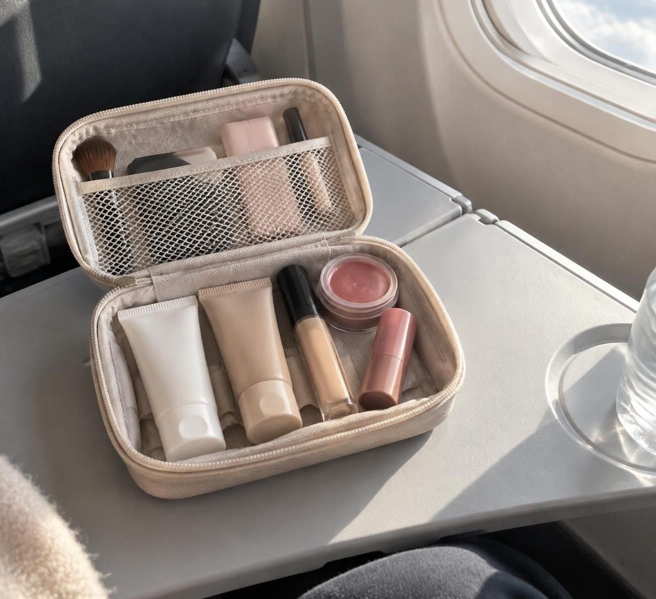 Découvrez 5 produits de maquillage essentiels à emporter en avion pour retoucher votre teint et rester fraîche pendant tout le voyage.