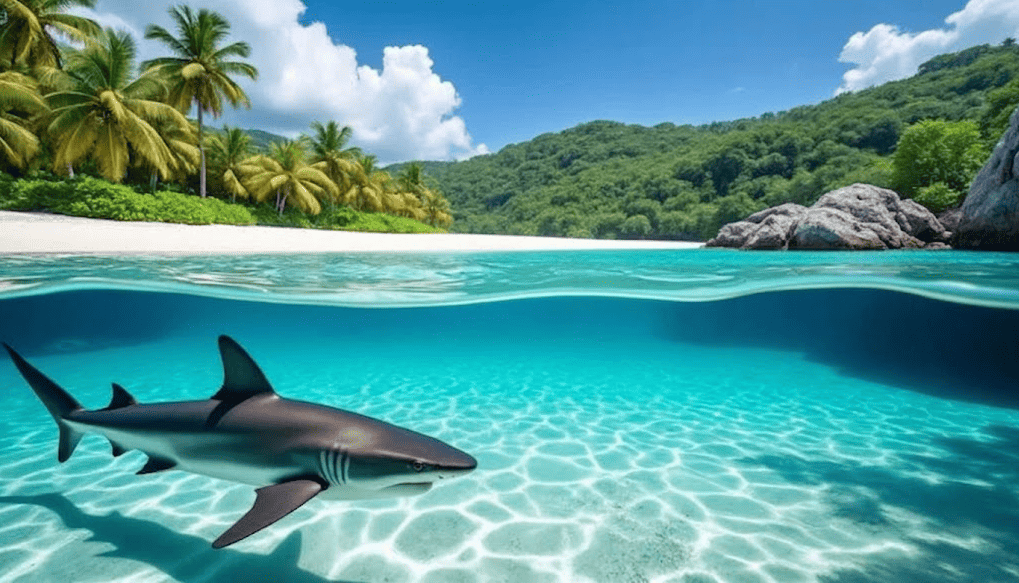 Une plage de Cuba avec un requin dans la mer