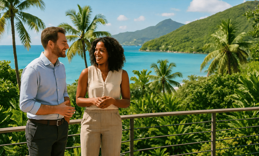 Deux collègues discutent sur une terrasse avec vue sur une mer turquoise, entourée de palmiers et de montagnes tropicales.